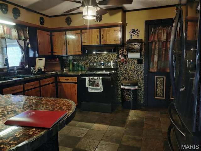 813 Kendall Dr, Poplar Bluff, MO 63901 - kitchen featuring black appliances, a ceiling fan, backsplash, dark stone finish flooring, and dark countertops