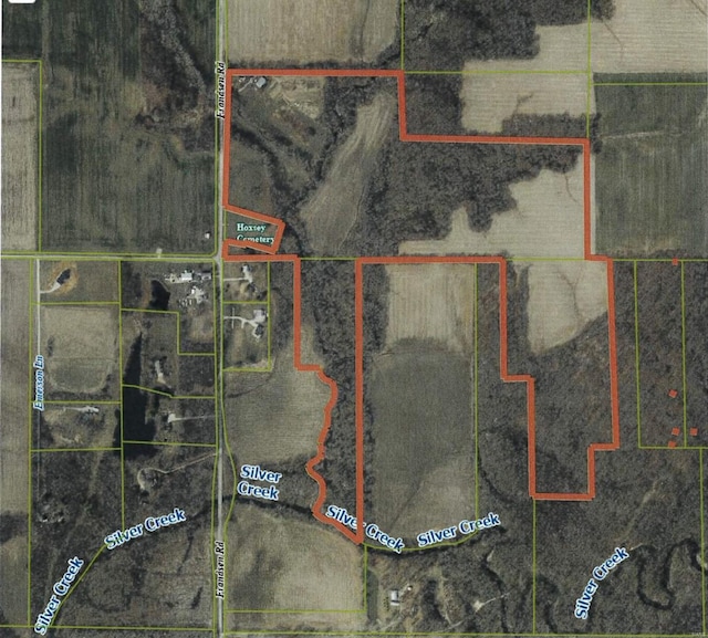 6866 Frandsen Rd, Alhambra, IL 62001 - aerial overview of property's location featuring property boundaries highlighted