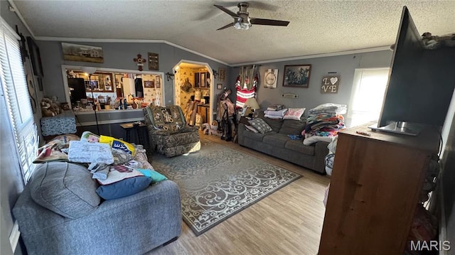 living area featuring wood finished floors, crown molding, ceiling fan, lofted ceiling, and a textured ceiling