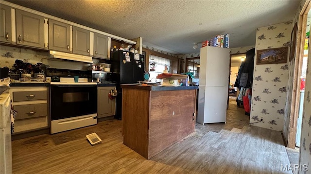 kitchen featuring under cabinet range hood, range with electric cooktop, wood finished floors, a textured ceiling, and freestanding refrigerator