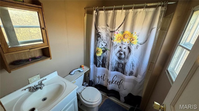 full bathroom with plenty of natural light, vanity, toilet, and a shower with shower curtain
