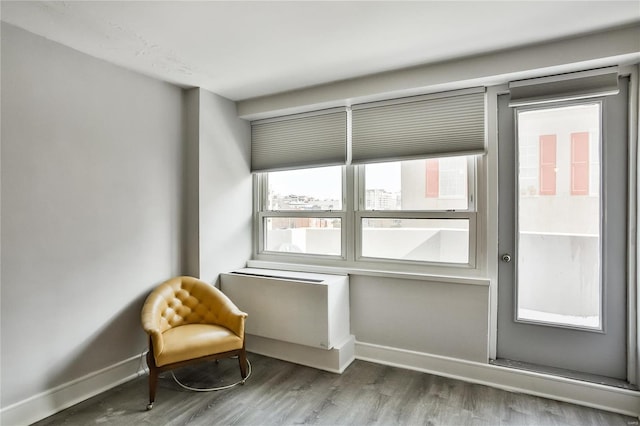 sitting room with baseboards and wood finished floors