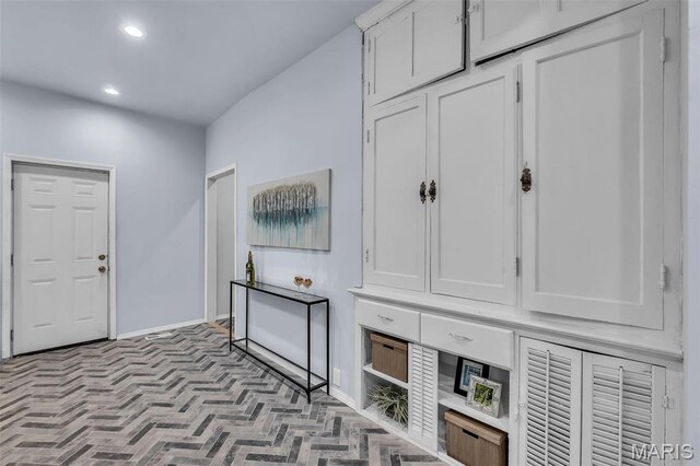 6522 Crest Ave, Saint Louis, MO 63130 - entryway featuring baseboards, recessed lighting, and brick patterned flooring