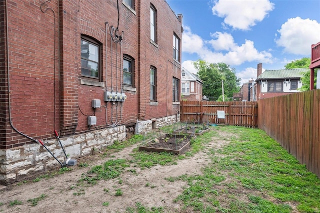 fenced backyard featuring a garden