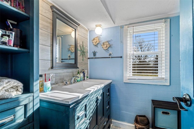 10751 State Route F, Farmington, MO 63640 - bathroom with healthy amount of natural light, vanity, a textured ceiling, and wood walls