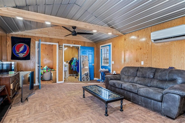 10751 State Route F, Farmington, MO 63640 - living area with an AC wall unit, wooden walls, and ceiling fan