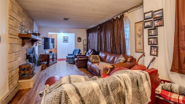 989 Clay St, Saint Clair, MO 63077 - living room featuring a wood stove, hardwood / wood-style flooring, and baseboards