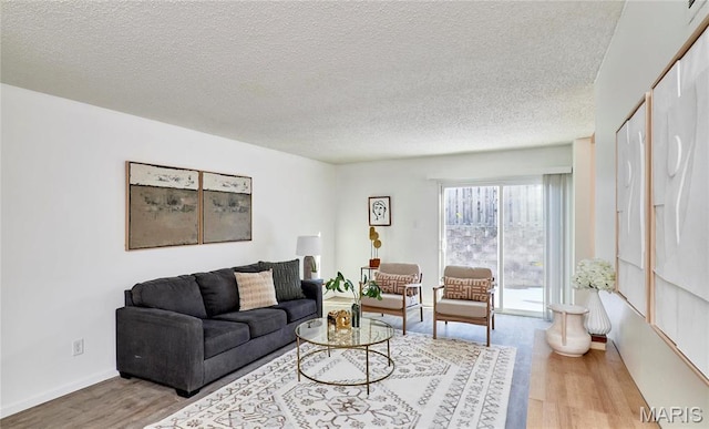 living area featuring wood finished floors, a textured ceiling, and baseboards