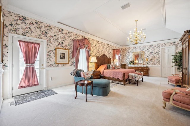 bedroom featuring wallpapered walls, wainscoting, crown molding, a chandelier, and carpet