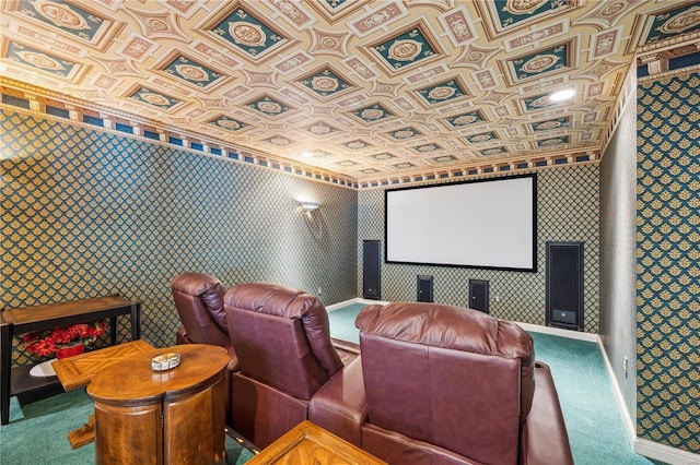 carpeted home theater room with baseboards