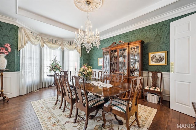 19385 Deer Pointe Estates Dr, Wildwood, MO 63038 - dining area featuring wallpapered walls, a chandelier, a wainscoted wall, hardwood / wood-style flooring, and ornamental molding