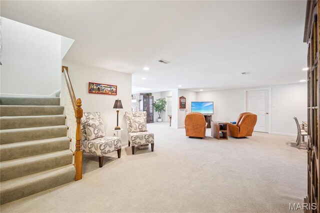 19385 Deer Pointe Estates Dr, Wildwood, MO 63038 - living room featuring carpet floors, recessed lighting, stairs, and baseboards