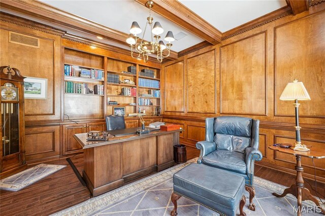 19385 Deer Pointe Estates Dr, Wildwood, MO 63038 - home office featuring a chandelier, built in shelves, beam ceiling, wood walls, and crown molding