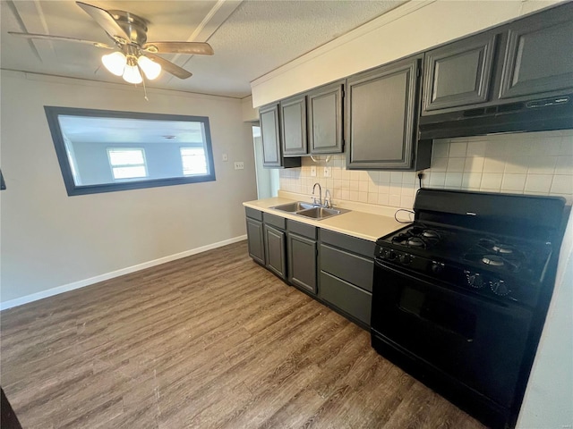 1117 Redman Blvd, Saint Louis, MO 63138 - kitchen with black range with gas stovetop, a sink, under cabinet range hood, tasteful backsplash, and dark wood-style flooring