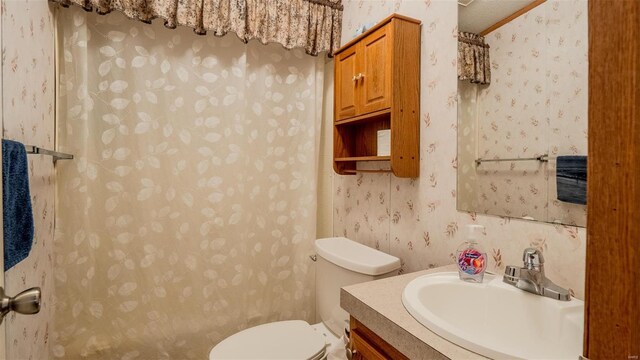 26380 Pebble Creek Dr, Warrenton, MO 63383 - bathroom featuring wallpapered walls, vanity, toilet, and a shower with shower curtain