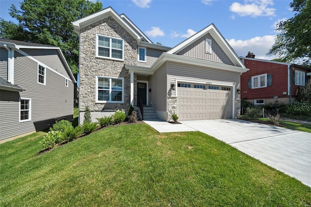 craftsman-style house featuring stone siding, concrete driveway, board and batten siding, and a front lawn