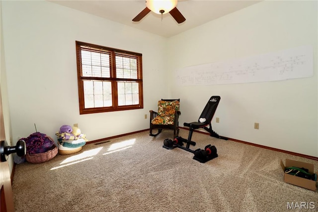 18921 Pleasant View Ln, Lebanon, MO 65536 - workout room with a ceiling fan, carpet flooring, and baseboards