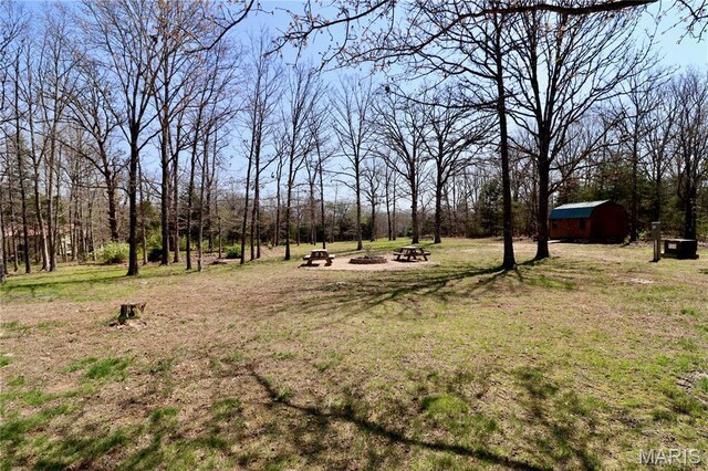 18921 Pleasant View Ln, Lebanon, MO 65536 - view of grassy yard featuring an outdoor fire pit, a storage shed, and an outdoor structure