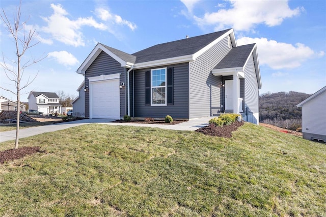 1036 Black Bear Dr, House Springs, MO 63051 - ranch-style house with concrete driveway, a garage, a front yard, and roof with shingles