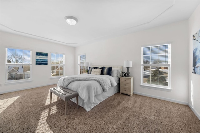 bedroom featuring light colored carpet, multiple windows, and baseboards