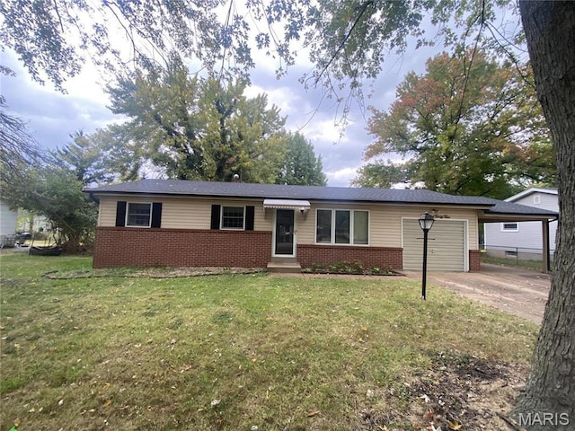 1445 Fairmeadows Ln, Saint Louis, MO 63138 - ranch-style home with brick siding, an attached garage, concrete driveway, entry steps, and a front yard
