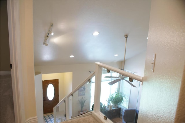 10 Anemone Rd, Lake Ozark, MO 65049 - stairs featuring recessed lighting, a ceiling fan, and track lighting