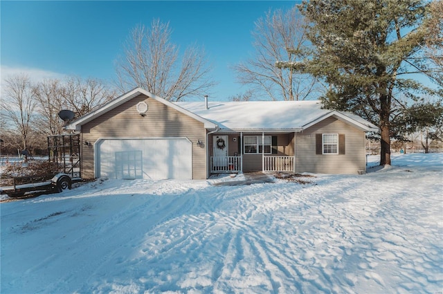 ranch-style home with a porch and a garage