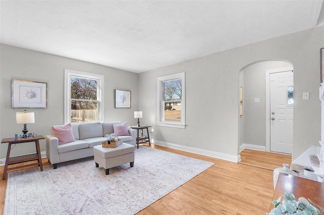 1100 Northdale Ave, Saint Louis, MO 63138 - living room with arched walkways, plenty of natural light, light wood-style flooring, baseboards, and a textured ceiling