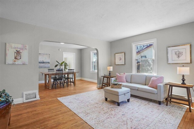 1100 Northdale Ave, Saint Louis, MO 63138 - living room featuring arched walkways, wood finished floors, a textured ceiling, and baseboards