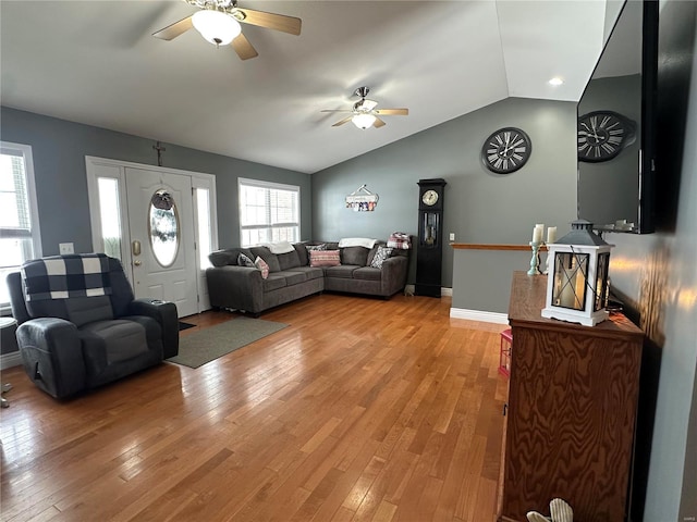 121 Stull Dr, Benton, MO 63736 - living area featuring a ceiling fan, light wood finished floors, lofted ceiling, and baseboards