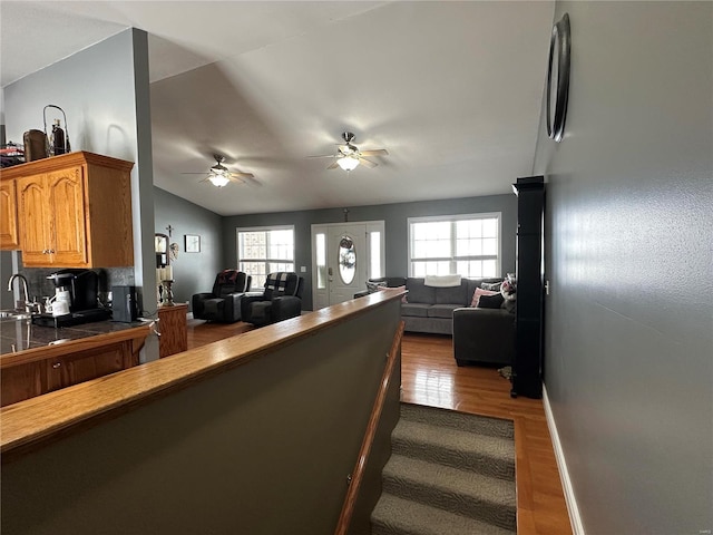 121 Stull Dr, Benton, MO 63736 - kitchen with open floor plan, dark wood finished floors, ceiling fan, healthy amount of natural light, and vaulted ceiling