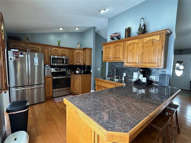 121 Stull Dr, Benton, MO 63736 - kitchen featuring stainless steel appliances, tile counters, a sink, vaulted ceiling, and decorative backsplash