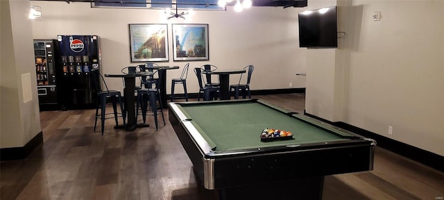 recreation room with wood finished floors, billiards, and baseboards