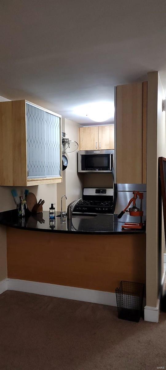 kitchen with appliances with stainless steel finishes, carpet, dark countertops, and baseboards