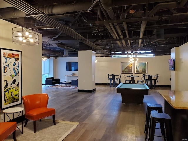 game room featuring wood finished floors, billiards table, and baseboards