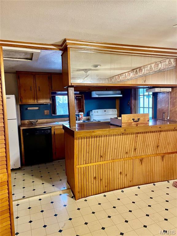 115 Cook Ave, Chaffee, MO 63740 - kitchen with freestanding refrigerator, dishwasher, light floors, plenty of natural light, and a textured ceiling