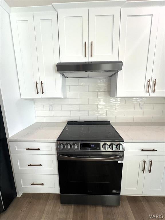 210 Sunny Dr, Rolla, MO 65401 - kitchen featuring range with electric cooktop, under cabinet range hood, dark wood-type flooring, and light stone countertops