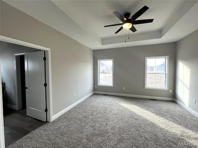 210 Sunny Dr, Rolla, MO 65401 - unfurnished room featuring a raised ceiling, baseboards, a ceiling fan, and carpet floors