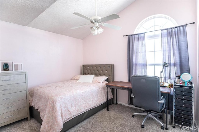 10415 Summerfield Dr, Rolla, MO 65401 - carpeted bedroom with vaulted ceiling, an office area, a textured ceiling, and ceiling fan