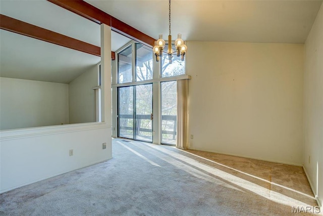 unfurnished dining area with a chandelier, carpet, and lofted ceiling