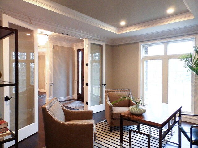 267 Saint Andrews Dr, Saint Albans, MO 63073 - sitting room featuring french doors, crown molding, a tray ceiling, recessed lighting, and baseboards