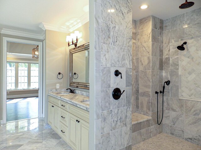 267 Saint Andrews Dr, Saint Albans, MO 63073 - full bath featuring ornamental molding, a tile shower, double vanity, and a chandelier