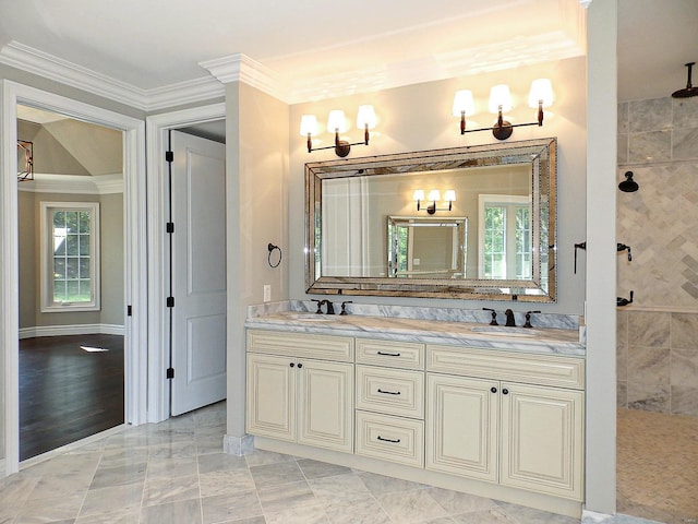 267 Saint Andrews Dr, Saint Albans, MO 63073 - full bath featuring tiled shower, double vanity, and ornamental molding