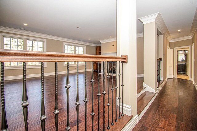 267 Saint Andrews Dr, Saint Albans, MO 63073 - hallway with crown molding, dark wood-style flooring, baseboards, and recessed lighting