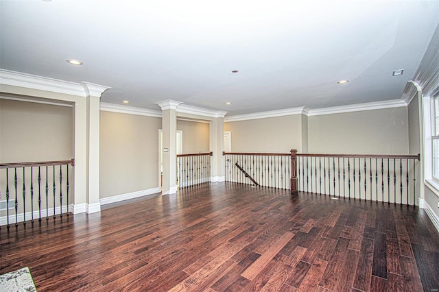 267 Saint Andrews Dr, Saint Albans, MO 63073 - spare room with wood finished floors, recessed lighting, ornate columns, baseboards, and ornamental molding
