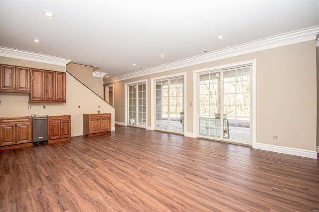 267 Saint Andrews Dr, Saint Albans, MO 63073 - unfurnished living room featuring ornamental molding, dark wood-style floors, baseboards, and recessed lighting