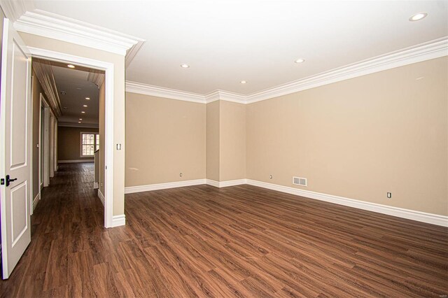 267 Saint Andrews Dr, Saint Albans, MO 63073 - empty room with attic access, dark wood-style flooring, baseboards, ornamental molding, and recessed lighting