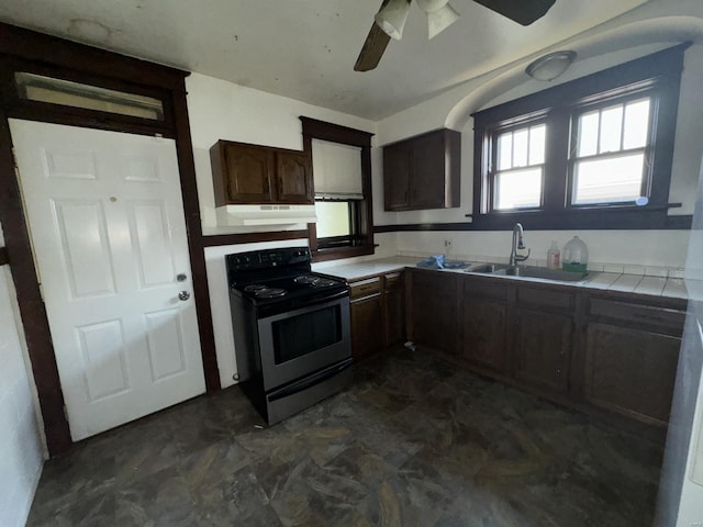 5741 Floy Ave, Saint Louis, MO 63136 - kitchen featuring stainless steel range with electric cooktop, under cabinet range hood, a sink, a ceiling fan, and tile counters