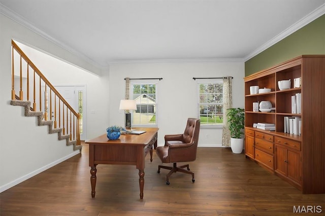 office with ornamental molding, dark wood finished floors, and baseboards