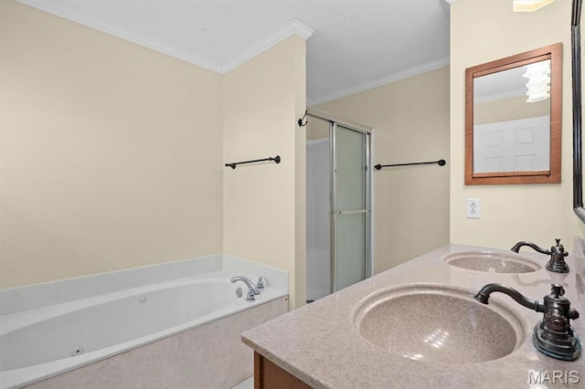 full bathroom featuring a whirlpool tub, ornamental molding, double vanity, and a stall shower
